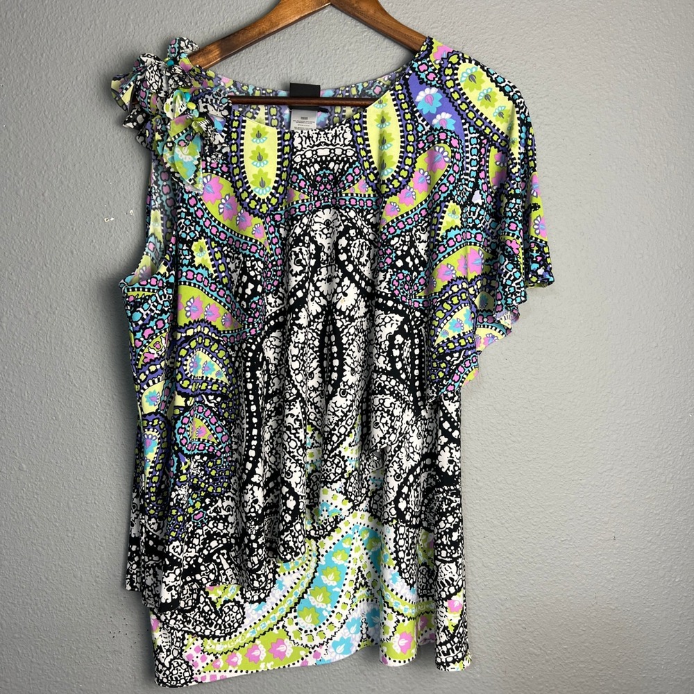 Sharon Young Boho Paisley Multicolor Retro Festival Asymmetrical Ruffle SL Top L